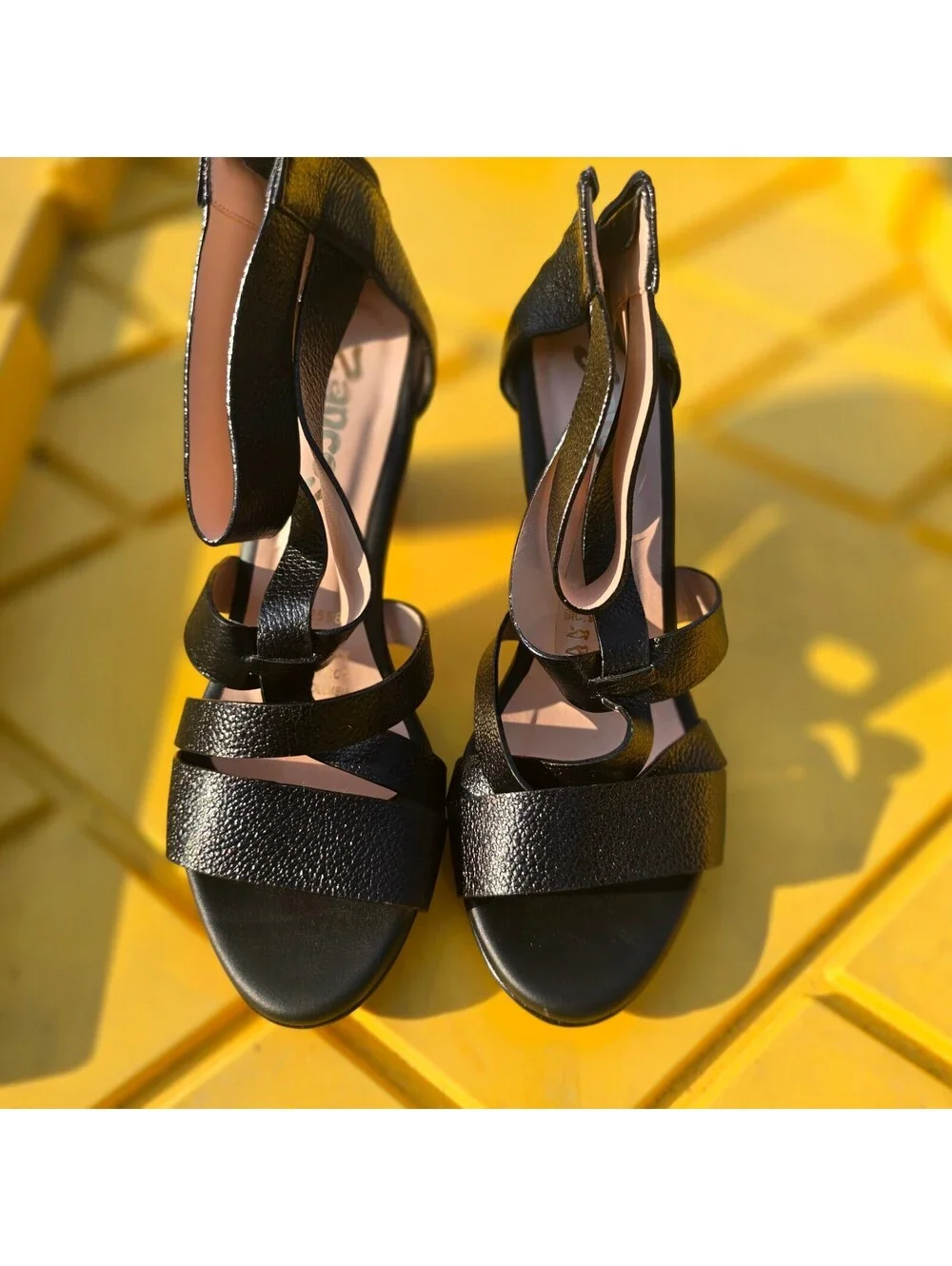 Black Leather Strappy High Heel Sandals with Wooden Block Heels, Size 7